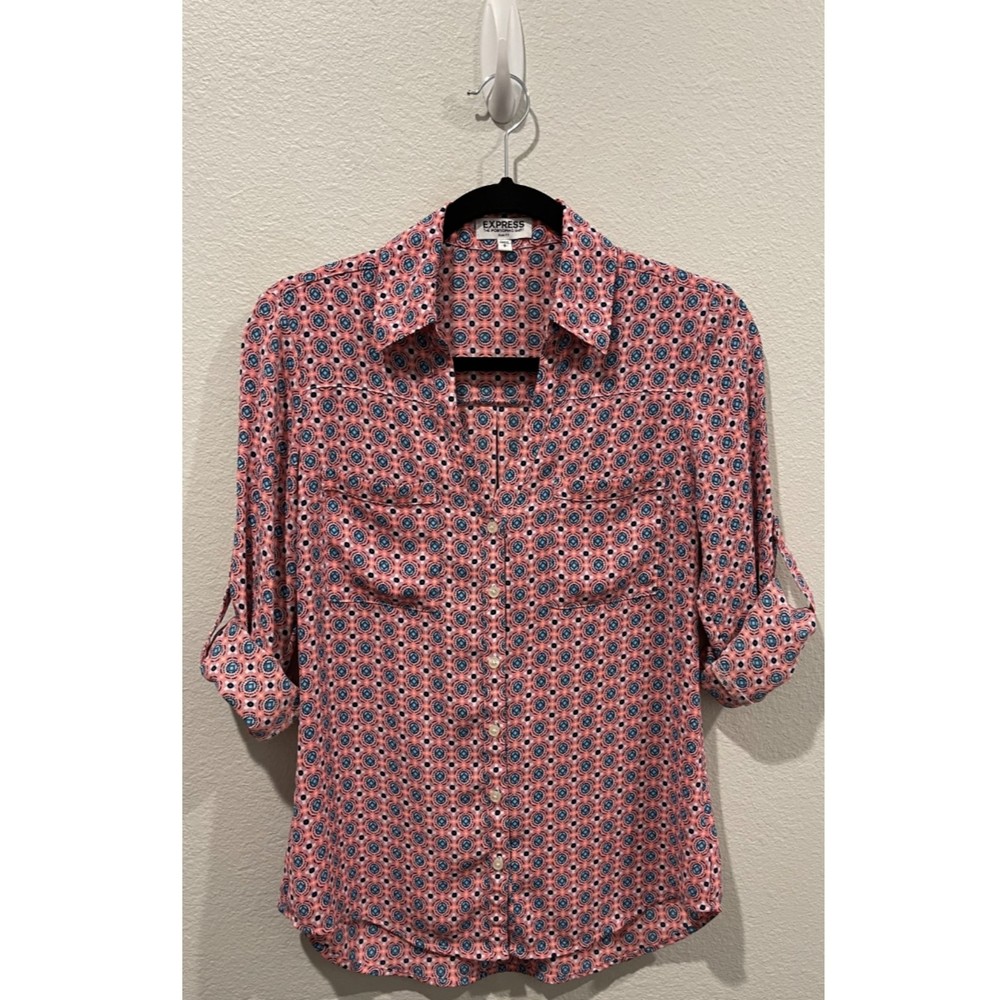 EXPRESS The Portofino Shirt Pink Blue Geometric Multicolor Blouse - Picture 5 of 6